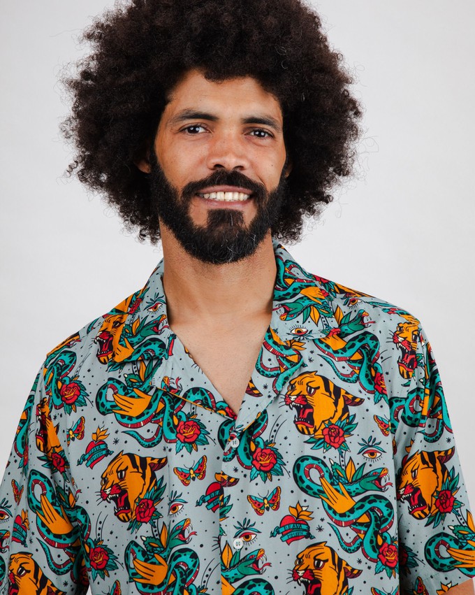 Old School Tattoo Aloha Shirt Mist from Brava Fabrics