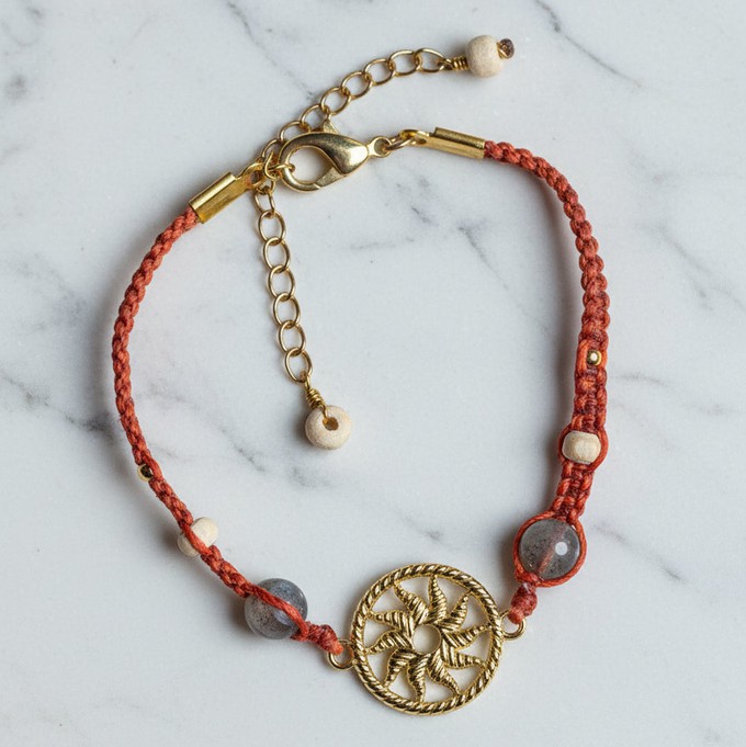 Rust Orange Sun Salutation Macramé Meditation Bracelet with Labradorite from chaYkra