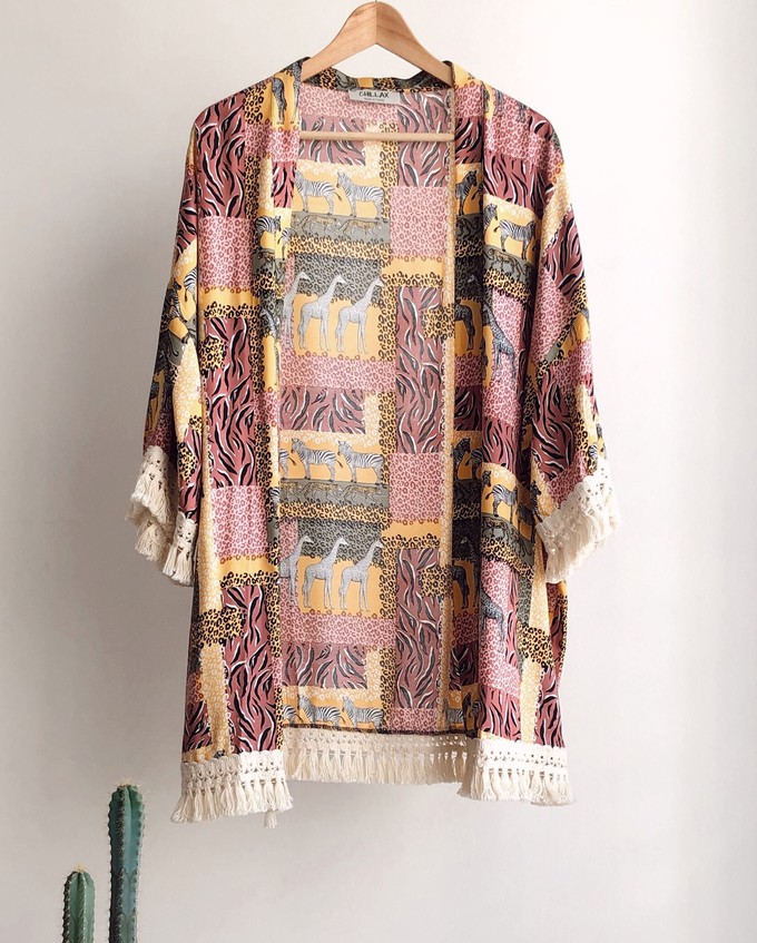 Safari Zebra Pattern Fringed Kimono from Chillax