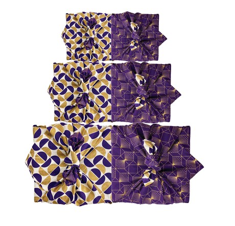 Furoshiki Gift Wrap - 3 Pack (Sizes S, M & L) Double Sided Bundle - Plum Diamonds & Gold Moons from FabRap