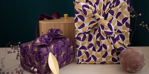 Furoshiki Gift Wrap Gold Moons & Plum Diamonds Fabric Gift Wrap - Double Sided (Reversible) from FabRap