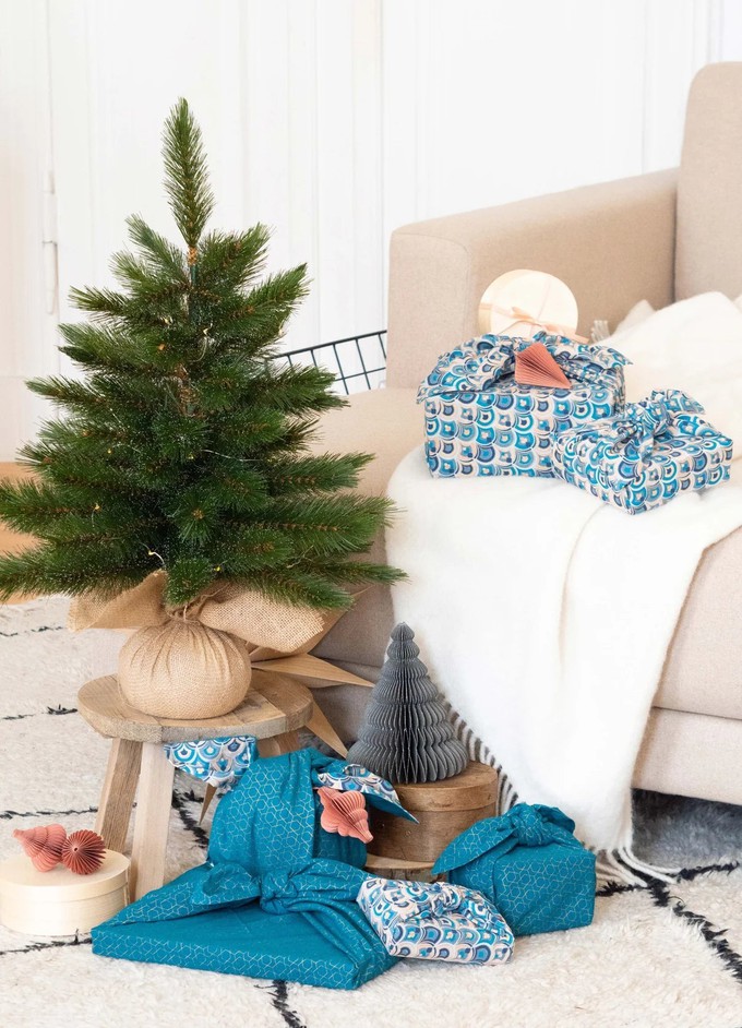 Furoshiki Gift Wrap - 3 Pack (Sizes S, M & L) Double Sided Bundle - Art Deco & Ocean (Teal Blue) from FabRap