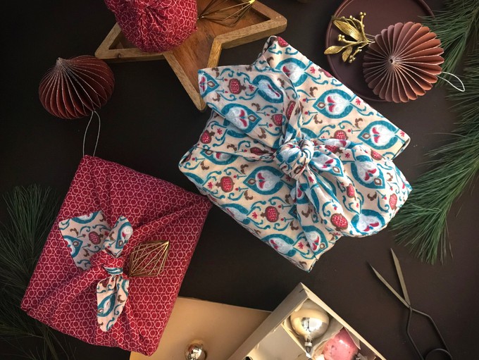 Furoshiki Gift Wrap Teal & Cherry Fabric Gift Wrap - Double Sided (Reversible) from FabRap