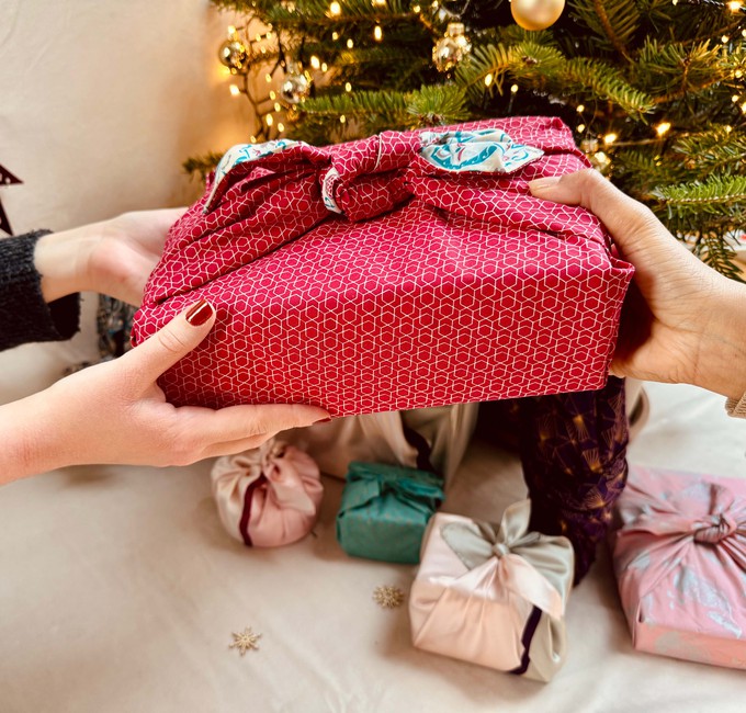 Furoshiki Gift Wrap - 3 Pack (Sizes S, M & L) Double Sided Bundle - Teal & Cherry from FabRap