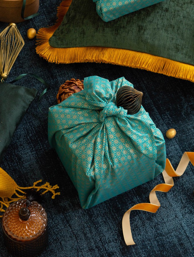 Furoshiki Gift Wrap Jade & Gold Asanoha Reusable Gift Wrap from FabRap