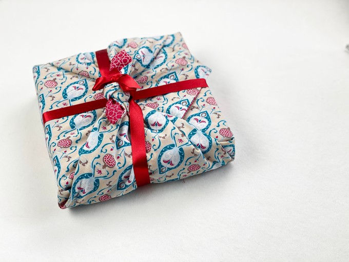 Furoshiki Gift Wrap - 3 Pack (Sizes S, M & L) Double Sided Bundle - Teal & Cherry from FabRap