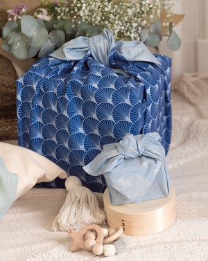 Furoshiki Gift Wrap Sky Elephants & Indigo Fans Fabric Gift Wrap - Double Sided (Reversible) from FabRap