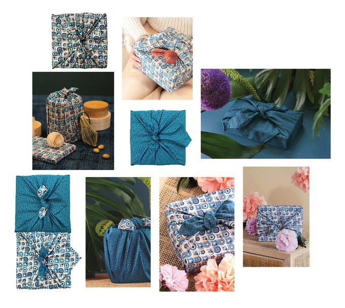 Furoshiki Gift Wrap - 3 Pack (Sizes S, M & L) Double Sided Bundle - Art Deco & Ocean (Teal Blue) from FabRap