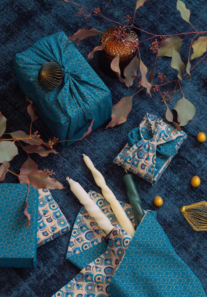 Furoshiki Gift Wrap - 3 Pack (Sizes S, M & L) Double Sided Bundle - Art Deco & Ocean (Teal Blue) from FabRap