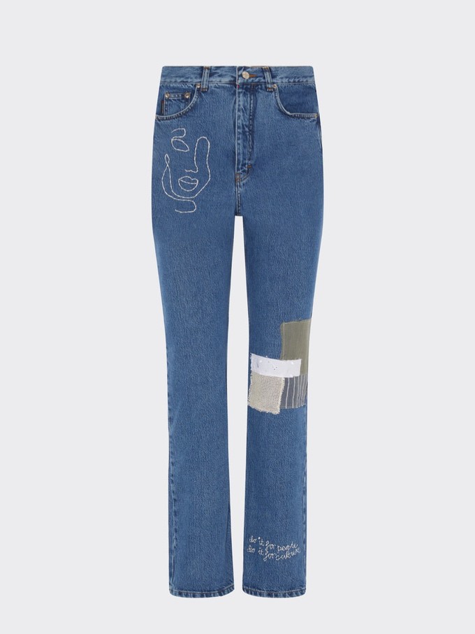 Embroidered & Patchwork Upcycled Jeans in Blue Denim - Sizes 24 & 26 from Fanfare Label