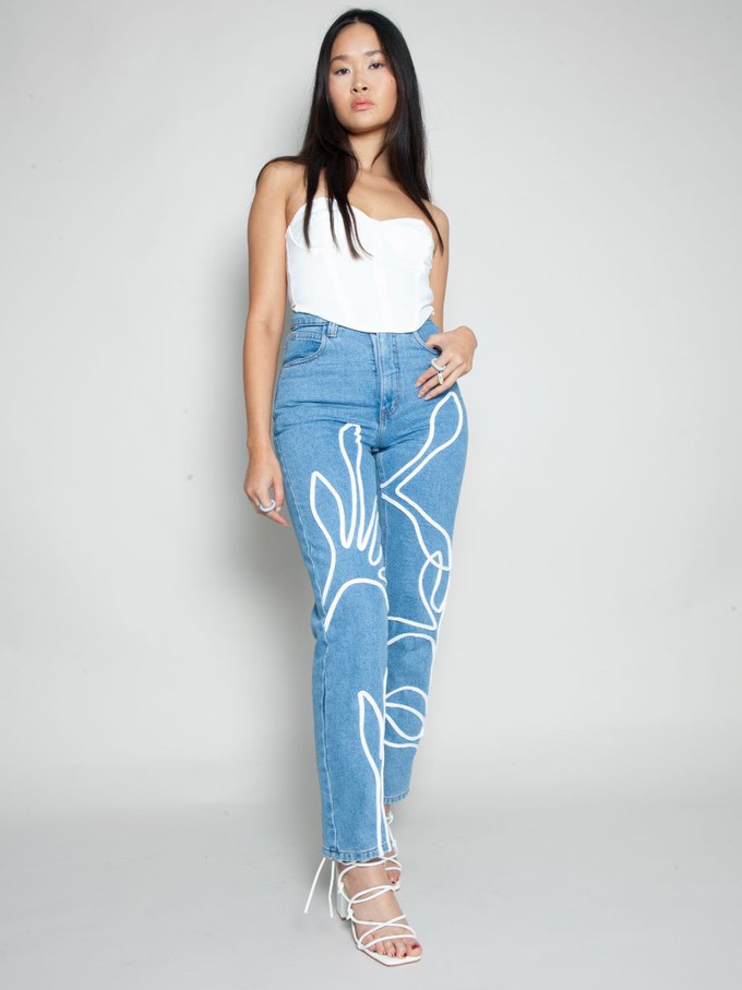 High Waisted Organic Mom Fit Floral Trim Jeans from Fanfare Label