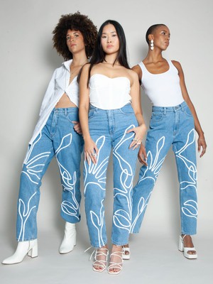 High Waisted Organic Mom Fit Floral Trim Jeans from Fanfare Label