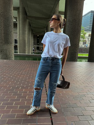 "Earth Kind" Embroidered Jeans with Ripped Knee - Waist 28 from Fanfare Label