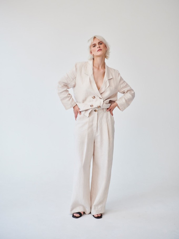 Ethically Made Beige Linen Suit Plain with Wide Leg Trouser from Fanfare Label