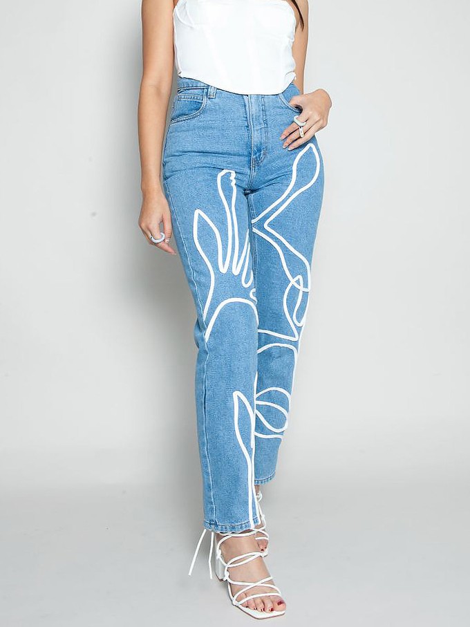 High Waisted Organic Mom Fit Floral Trim Jeans from Fanfare Label