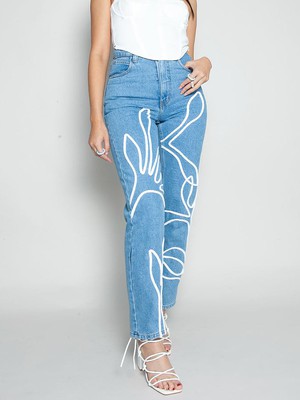 High Waisted Organic Mom Fit Floral Trim Jeans from Fanfare Label