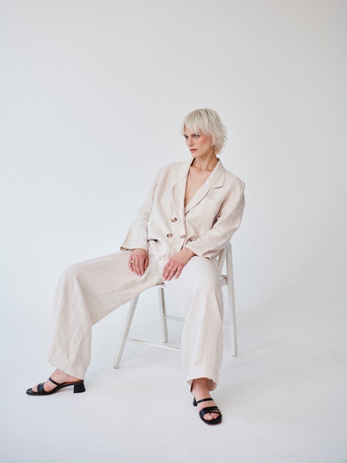 Ethically Made Beige Linen Suit Plain with Wide Leg Trouser from Fanfare Label