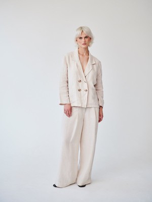 Ethically Made Beige Linen Suit Plain with Wide Leg Trouser from Fanfare Label