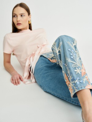 Delia Floral High Waisted Organic Mom Fit Embroidered Jeans from Fanfare Label
