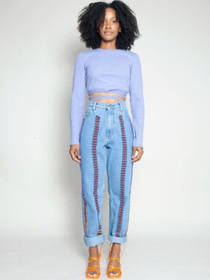 High Waisted Organic & Recycled Stripe Wool Jeans from Fanfare Label