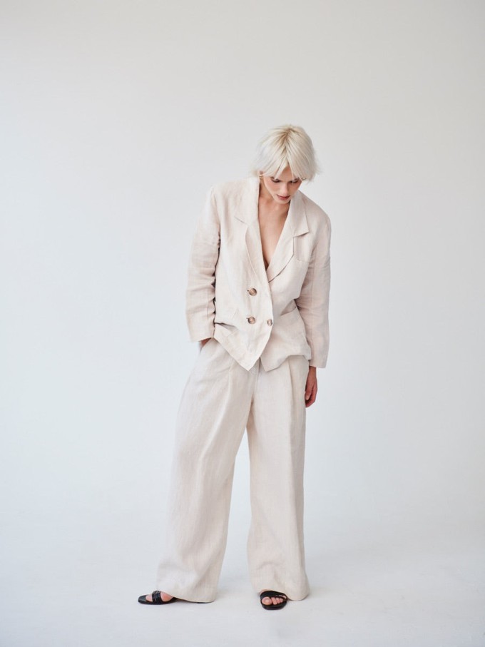 Ethically Made Beige Linen Suit Plain with Wide Leg Trouser from Fanfare Label