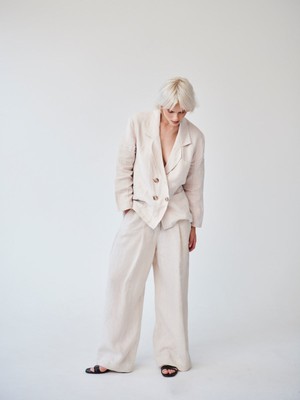 Ethically Made Beige Linen Suit Plain with Wide Leg Trouser from Fanfare Label
