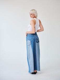 High Waisted Upcycled Patchwork Denim Long Skirt with Slit via Fanfare Label