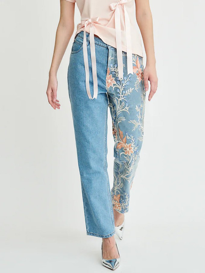 Delia Floral High Waisted Organic Mom Fit Embroidered Jeans from Fanfare Label