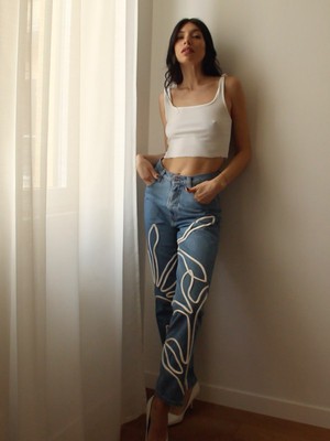 High Waisted Organic Mom Fit Floral Trim Jeans from Fanfare Label