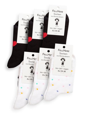 Pack of 6 socks with viscose (made of bamboo) mix confetti white and heart black from FellHerz T-Shirts - bio, fair & vegan