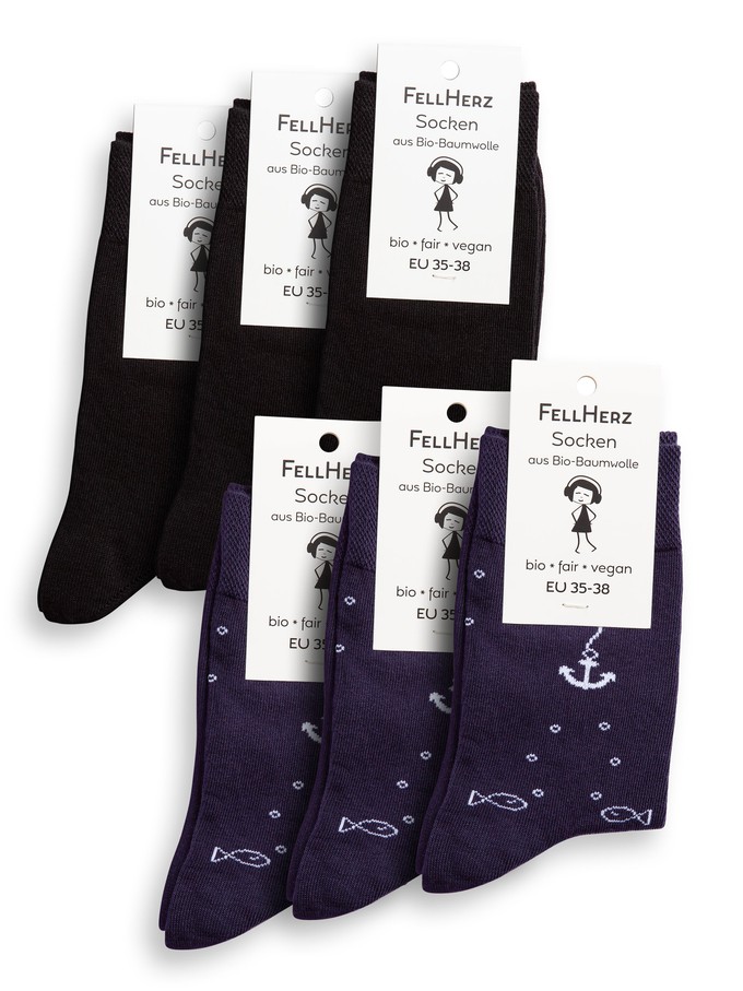 Pack of 6 socks with organic cotton mix anchor midnight and black from FellHerz T-Shirts - bio, fair & vegan