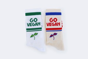 "Go Vegan" crew socks | RED/BLUE/ECRU & GREEN/WHITE from Good Guys Go Vegan