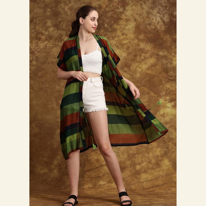 Handwoven Cotton Green Boho Summer Kimono from Heritage Moda