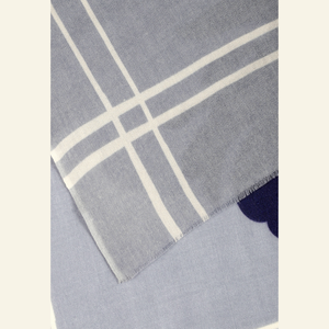 Luxury Wool-Silk Scarf – Hand-Painted Silver Grey with Deep Blue & Charcoal Floral Design from Heritage Moda