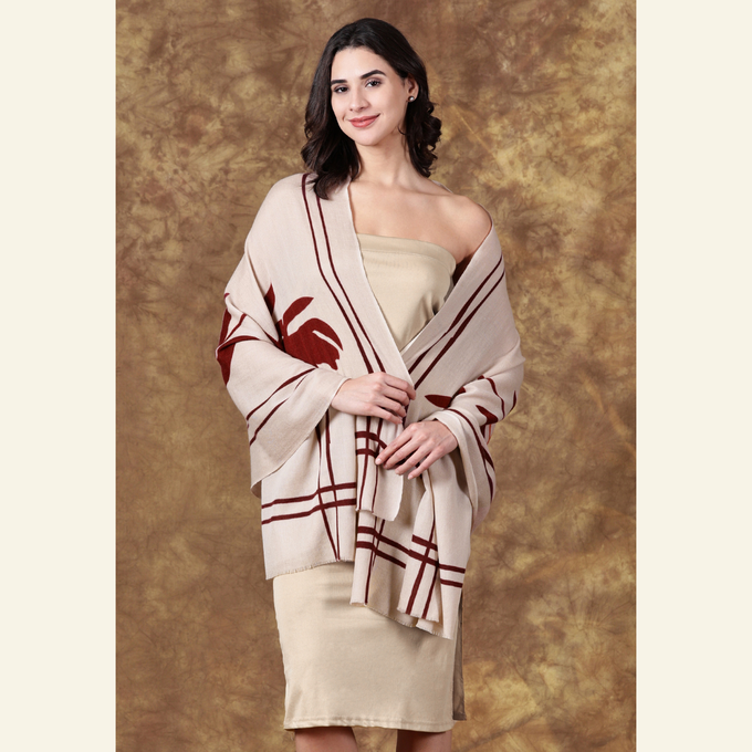 Luxury Wool-Silk Scarf – Hand-Painted Sand with Rust & Amber Floral Accents from Heritage Moda