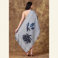 Luxury Wool-Silk Scarf – Hand-Painted Silver Grey with Deep Blue & Charcoal Floral Design via Heritage Moda