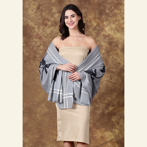 Luxury Wool-Silk Scarf – Hand-Painted Silver Grey with Deep Blue & Charcoal Floral Design from Heritage Moda