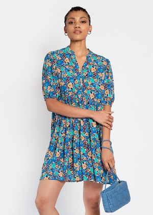 Lilium Short Tiered dress in expressive blue floral print from Hide The Label