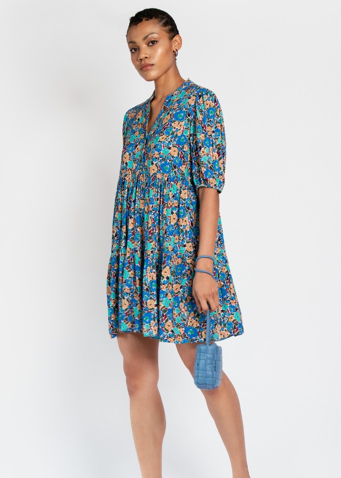 Lilium Short Tiered dress in expressive blue floral print from Hide The Label