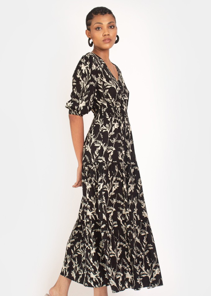 Kalmia Tiered Maxi dress in Black and white sketch floral from Hide The Label