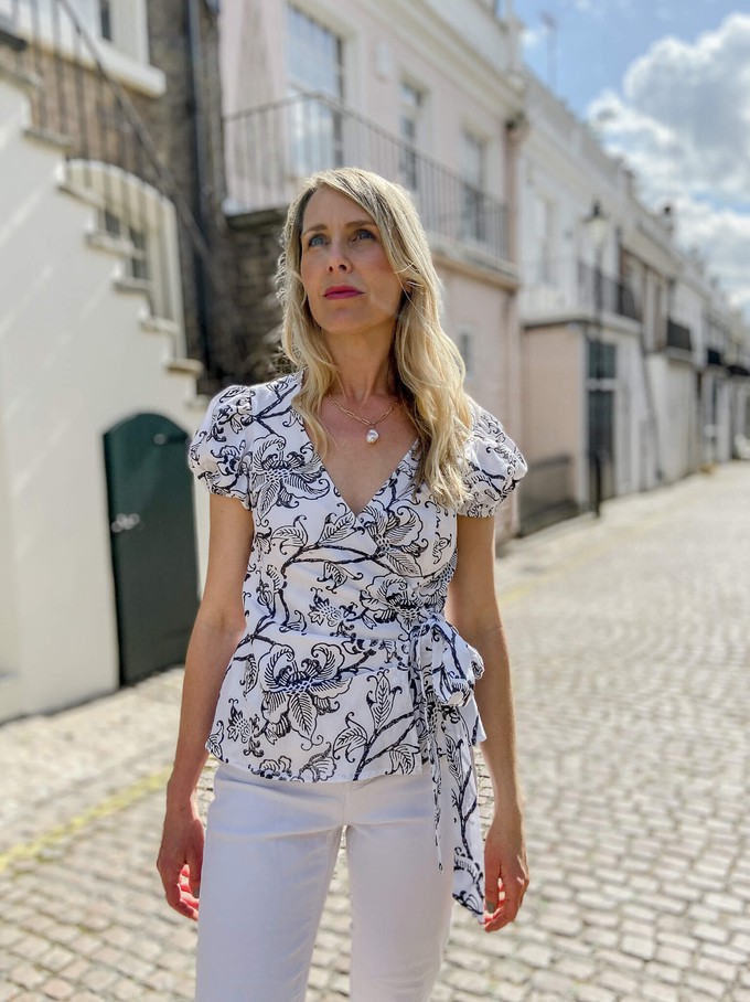 Organic Cotton Black and White Floral Wrap Top from Jenerous