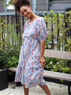 Pink Floral Puff Sleeve Midi Transformation Dress from Jenerous