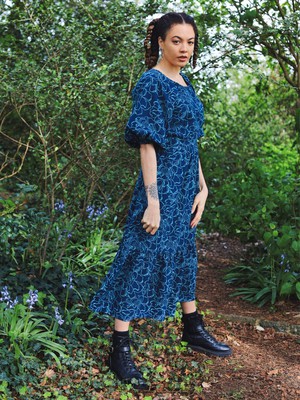 Blue Floral Puff Sleeve Midi Transformation Dress from Jenerous