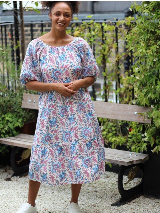 Pink Floral Puff Sleeve Midi Transformation Dress from Jenerous