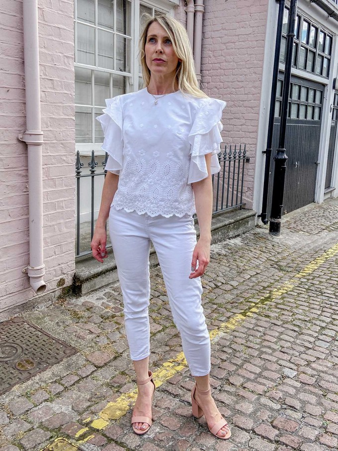 White Broderie Anglaise Ruffle Sleeve Top from Jenerous
