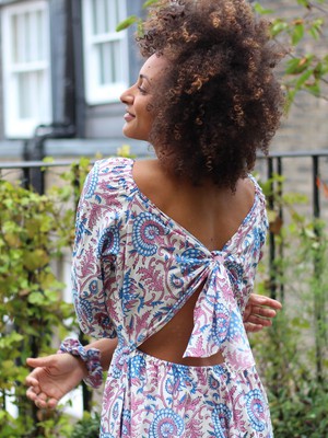 Pink Floral Puff Sleeve Midi Transformation Dress from Jenerous