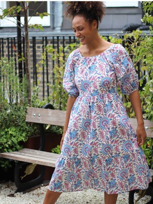 Pink Floral Puff Sleeve Midi Transformation Dress from Jenerous