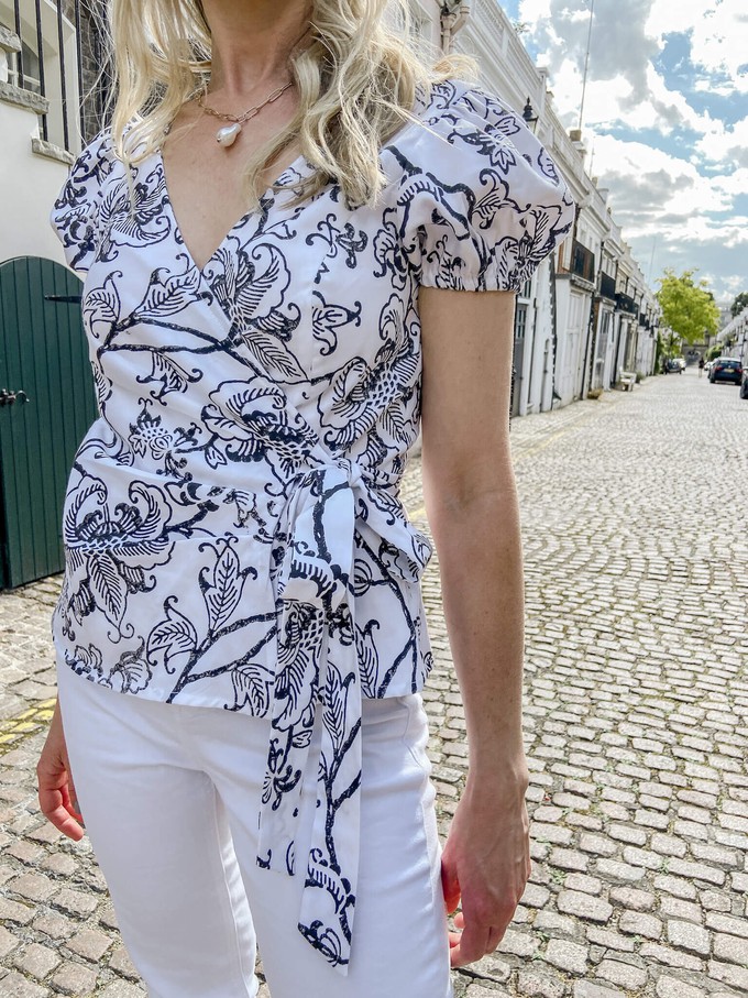 Organic Cotton Black and White Floral Wrap Top from Jenerous