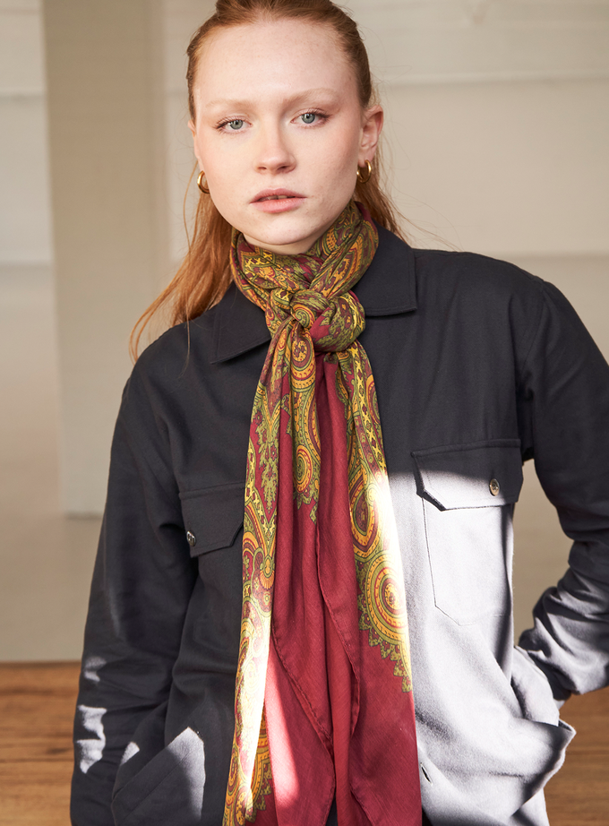Biodegradable Italian Tencel Burgundy and Gold Paisley Flamboyant Scarf from Neem London