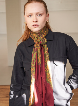 Biodegradable Italian Tencel Burgundy and Gold Paisley Flamboyant Scarf from Neem London